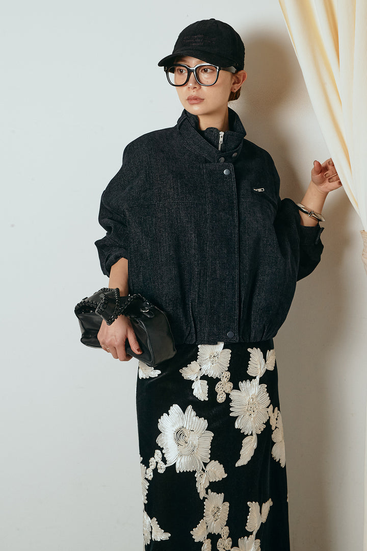 [SET]デニム調ハイネックブルゾン+フラワー刺繍ワイドスカート(2set)