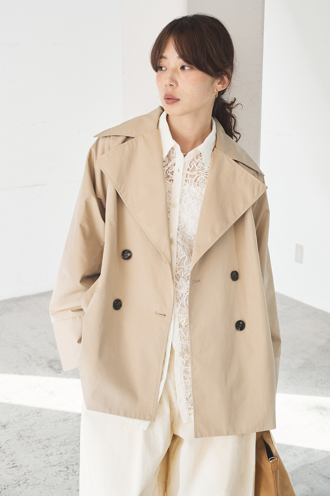 [SET]ナイロントレンチコート+合繊ツイルパイピングタックカーブパンツ(2set)