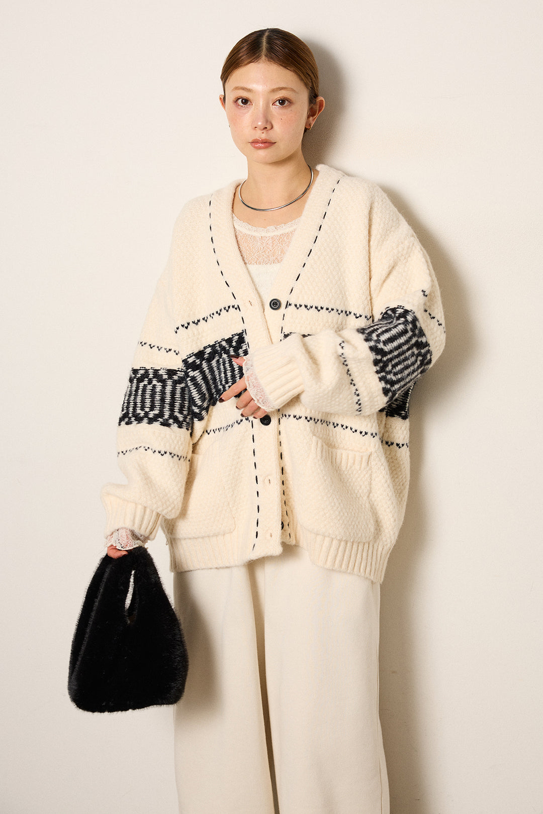 [SET]ライン柄ステッチニットカーディガン+2WAY袖コード刺繍クルーネックプルオーバー(2set)