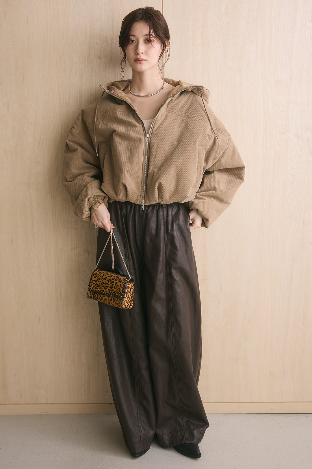 [SET]コーデュロイフーディバルーンブルゾン+フェイクレザーカーブワイドパンツ(2set)