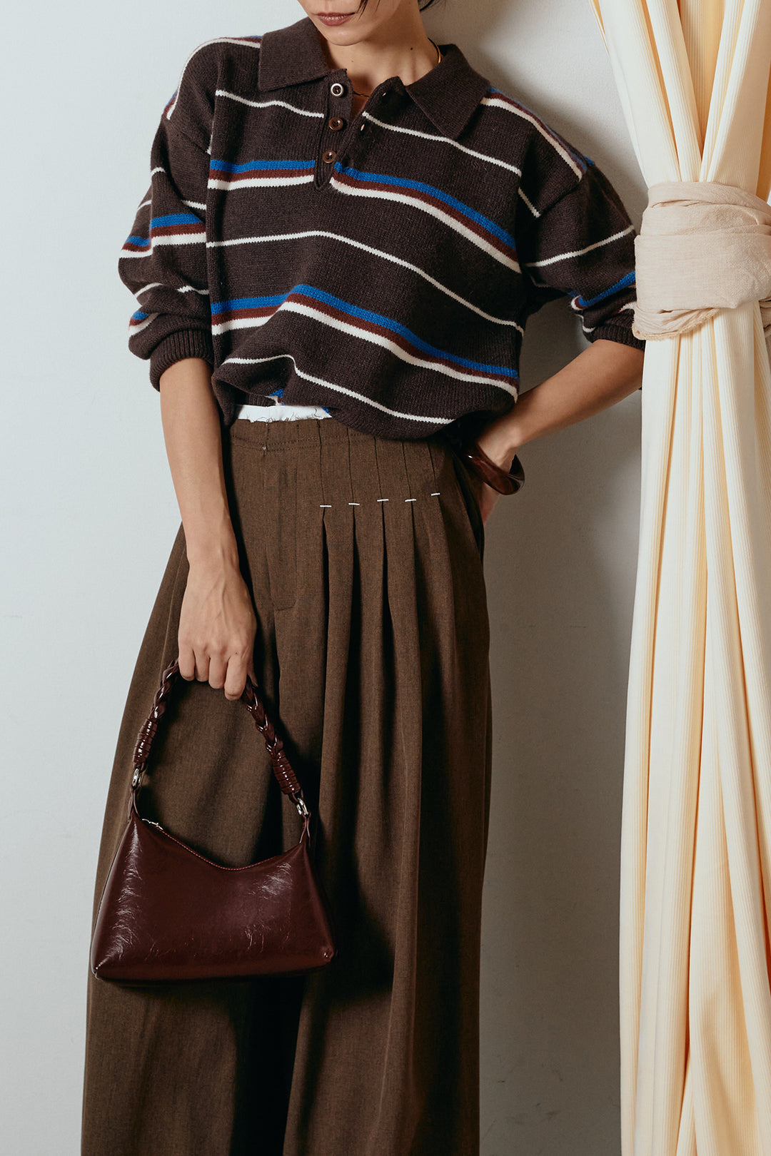 [SET]襟付きマルチボーダーニットポロトップス+ウエストステッチデザインワイドスラックス(2set)