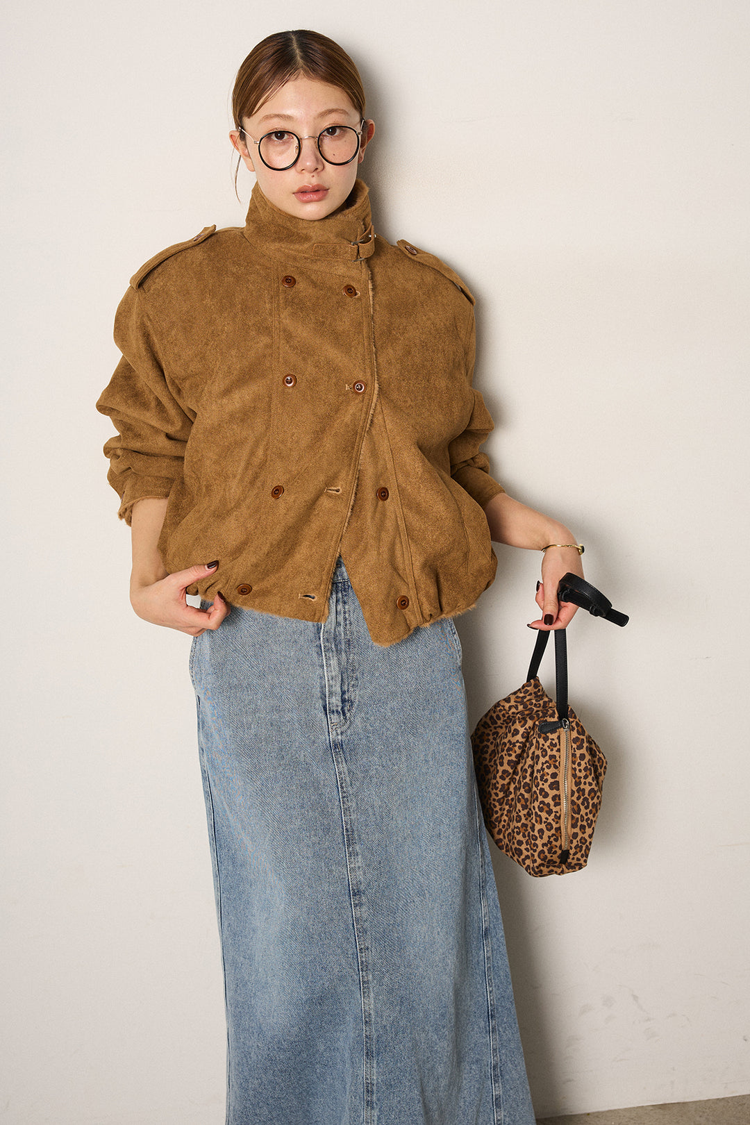 [SET]スタンド襟スウェードライクアウター+デニムロングフレアスカート(2set)