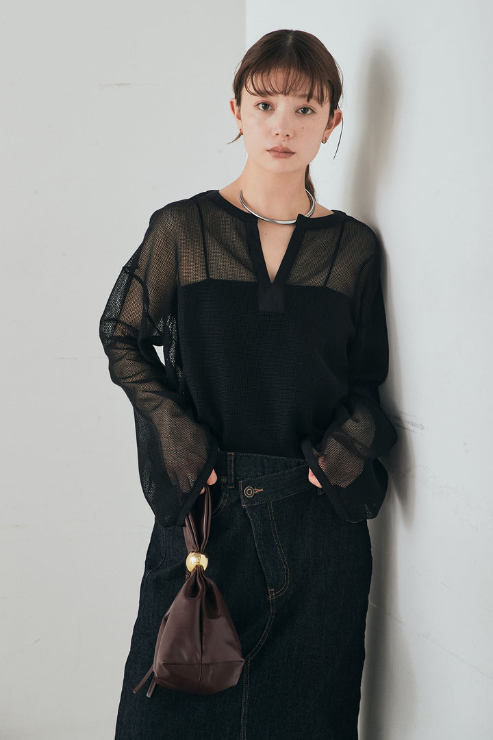 [SET]メッシュカットソースキッパープルオーバー+ウエストクロスデニムタイトスカート(2set)