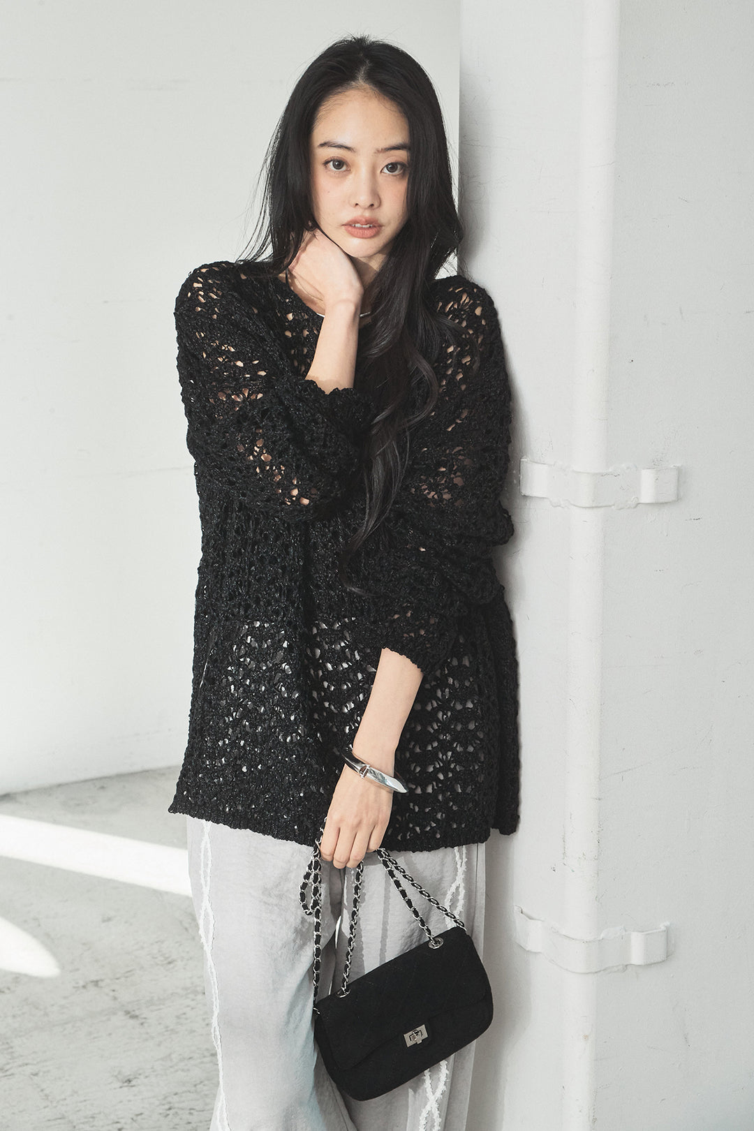 [SET]リラックスメッシュニットトップス+刺繡テープラインパンツ(2set)