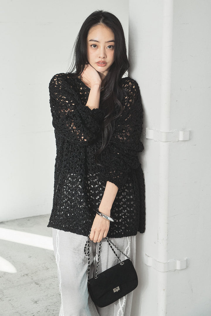 [SET]リラックスメッシュニットトップス+刺繡テープラインパンツ(2set)