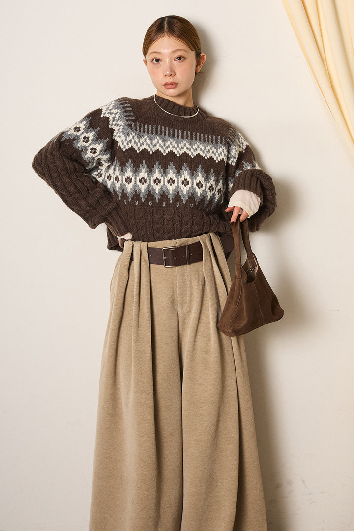 [SET]2WAY求心柄ジャガードショートカーディガン+ベルトループコーデュロイワイドパンツ+2WAY袖コード刺繍クルーネックプルオーバー(3set)