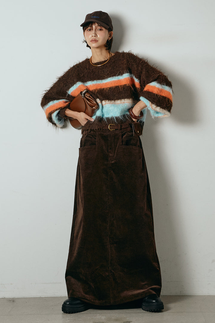 [SET]起毛配色マルチボーダーニットトップス+ポーチベルト付きコーデュロイワイドスカート(2set)