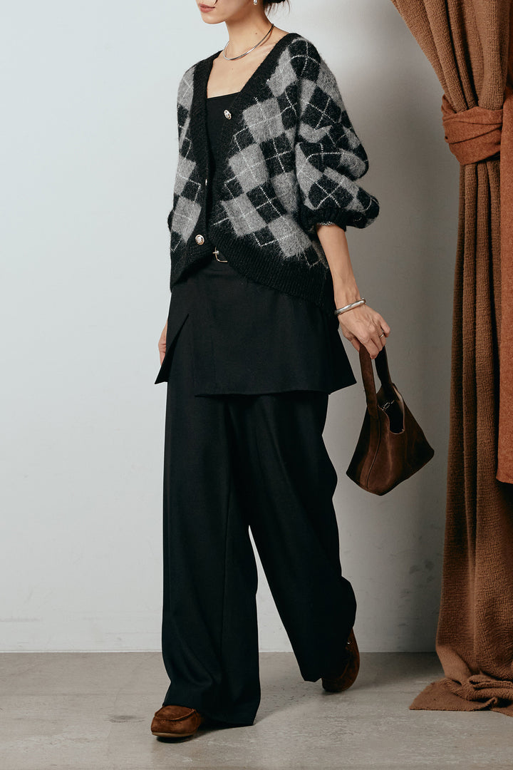 [SET]オーバーサイズ総柄Vネックニットカーディガン+ベルト付きウエストデザインパンツ(2set)