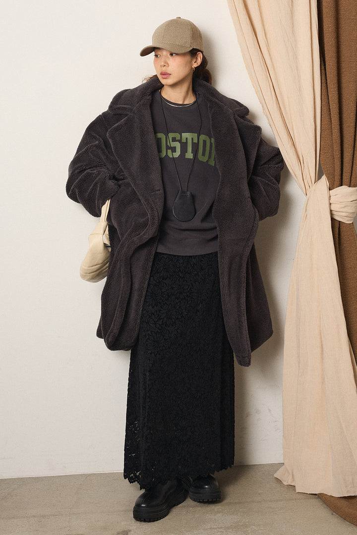 [SET]テディボアロングコート+ロゴデザインルーズスウェット+花柄刺繍ベロアフレアスカート(3set)