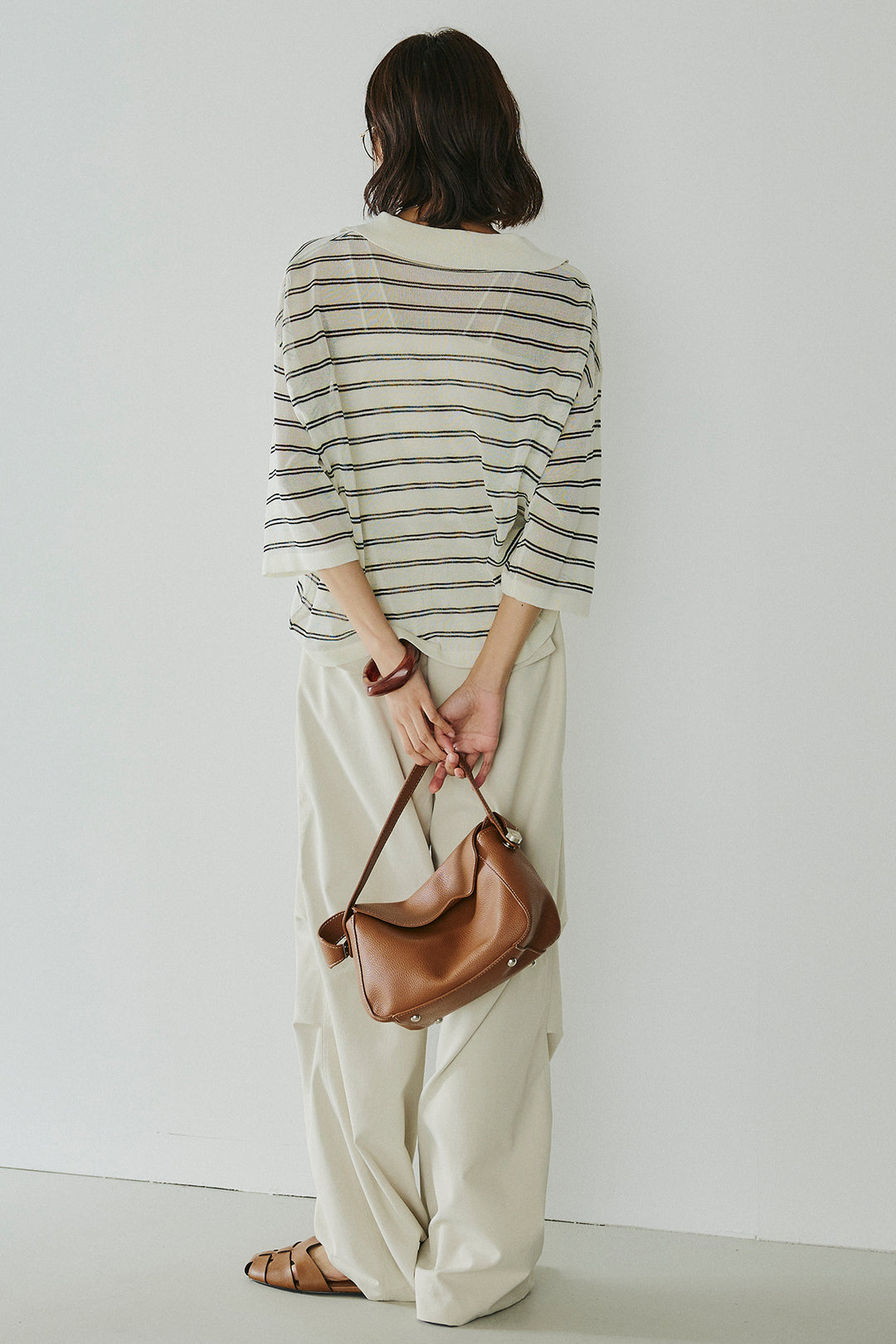 [SET]ボーダーニットポロシャツ+ニーサイドタックウエストドロスパンツ(2set)