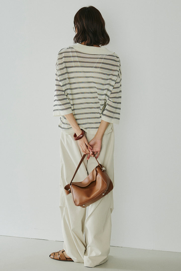 [SET]ボーダーニットポロシャツ+ニーサイドタックウエストドロスパンツ(2set)