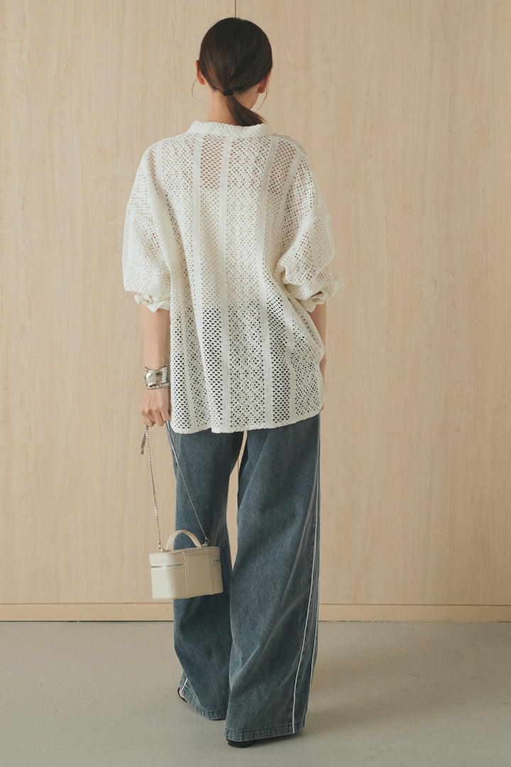 [SET]長袖襟付きレースシャツ+ドロストサイドラインデニムパンツ(2set)