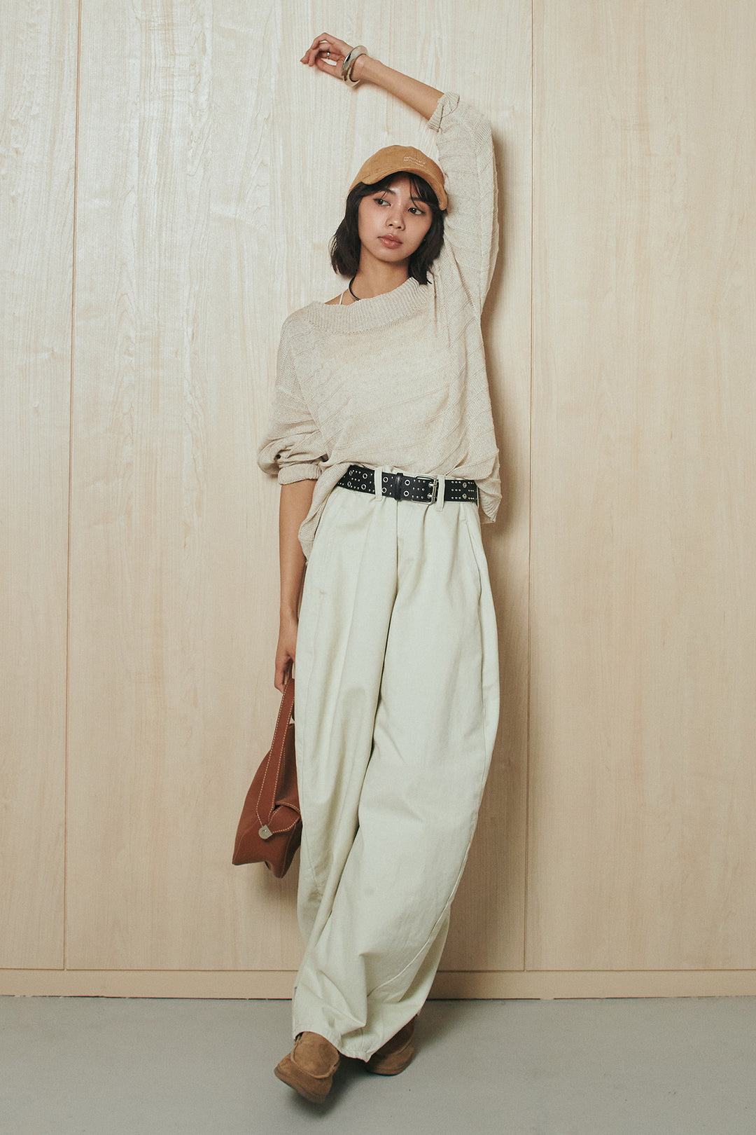 [SET]麻混リラックスニットトップス+ベルト付きカラーデニムパンツ(2set)