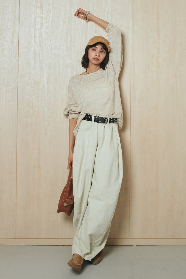 [SET]麻混リラックスニットトップス+ベルト付きカラーデニムパンツ(2set)