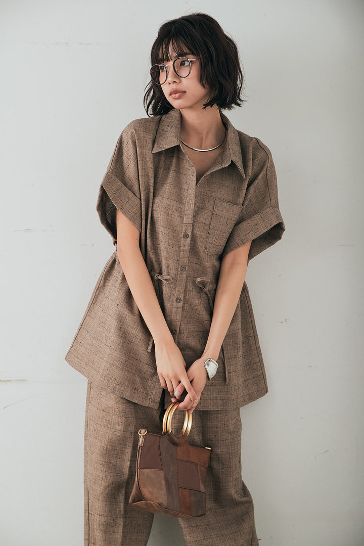 [SET]ツイードウエストドロストシャツ+ツイードタックパンツ(2set)