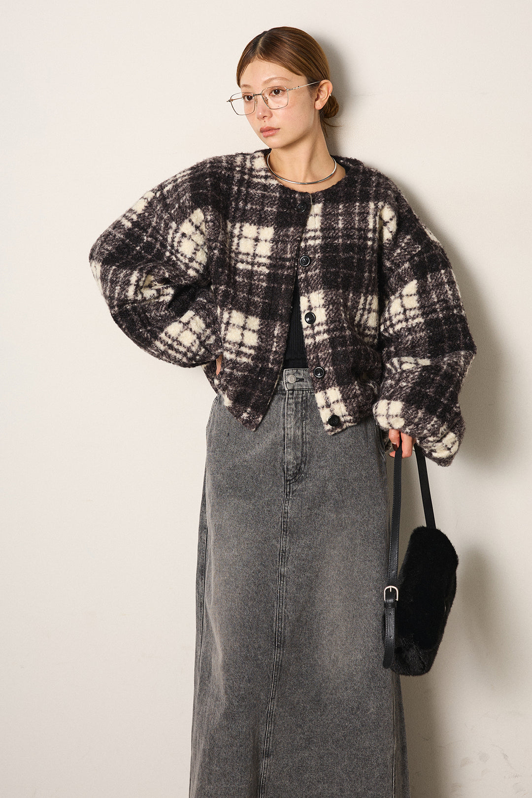 [SET]ノーカラーチェック柄ボアブルゾン+デニムロングフレアスカート(2set)