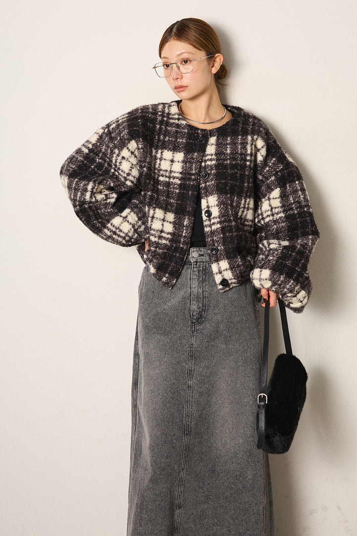 [SET]ノーカラーチェック柄ボアブルゾン+デニムロングフレアスカート(2set)