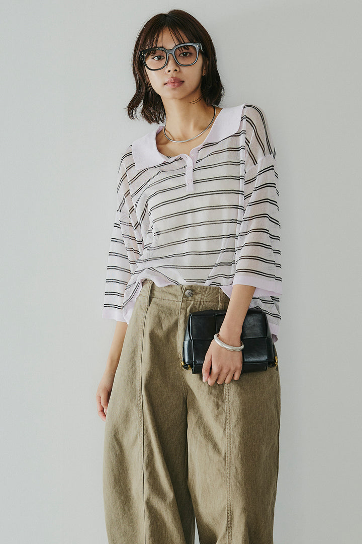 [SET]ボーダーニットポロシャツ+サイドベルトカーブワイドパンツ(2set)