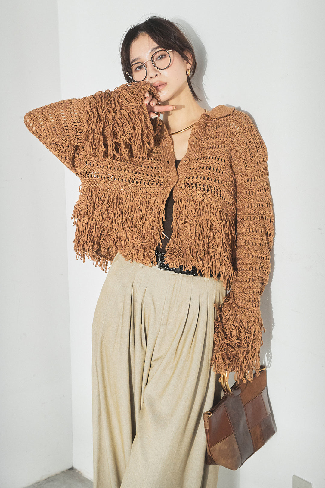 [SET]メッシュフリンジカーディガン+編みベルト付きウエストタックワイドパンツ(2set)