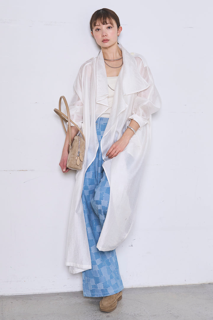 [SET]ロングシアーアウター+パッチワーク風デニムワイドパンツ(2set)