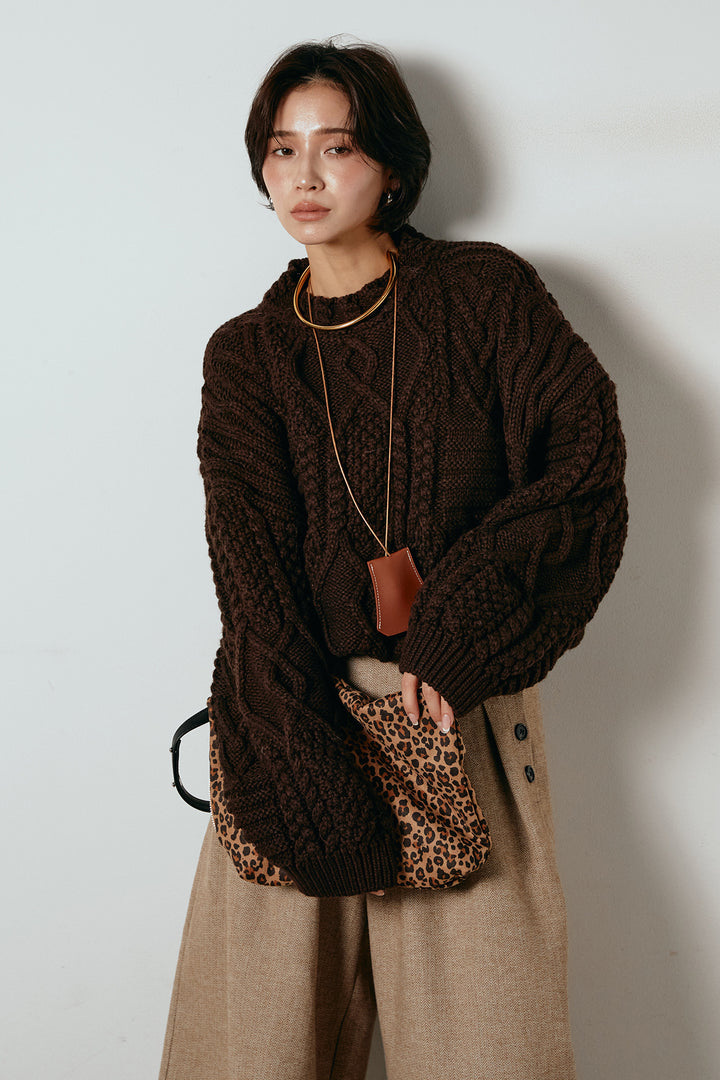 [SET]アラン柄ミックスケーブルニット+サイドボタンツイードタックパンツ(2set)