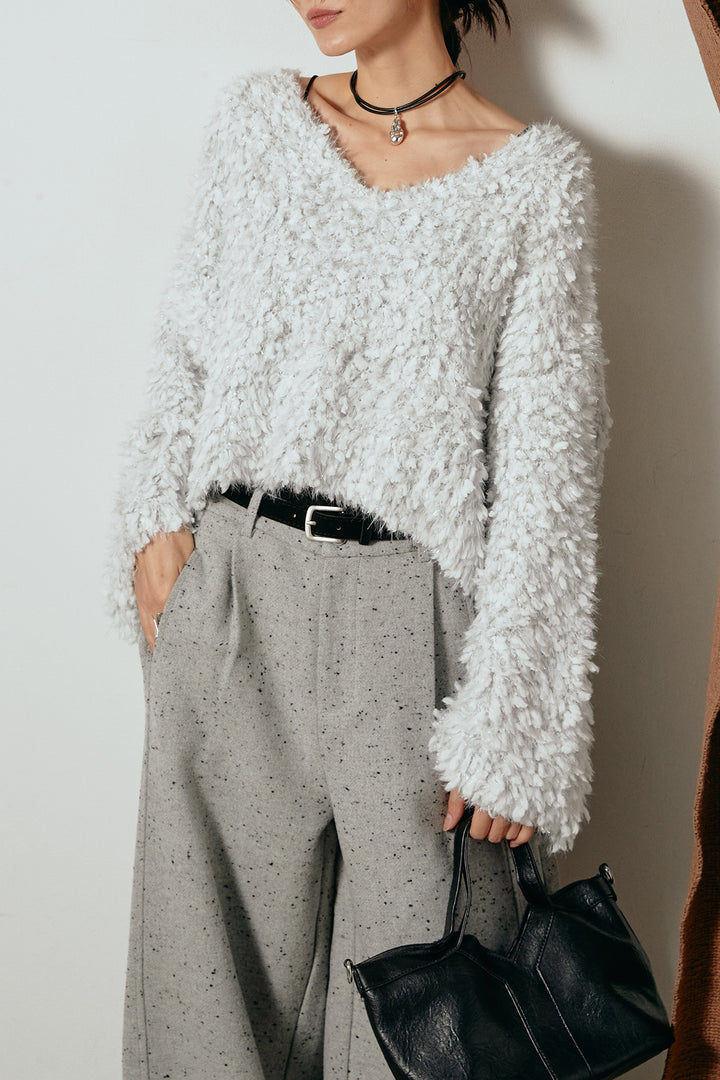 [SET]深Vネックチョウチョヤーンニットトップス+ベルト付きネップツイードカーブパンツ(2set)