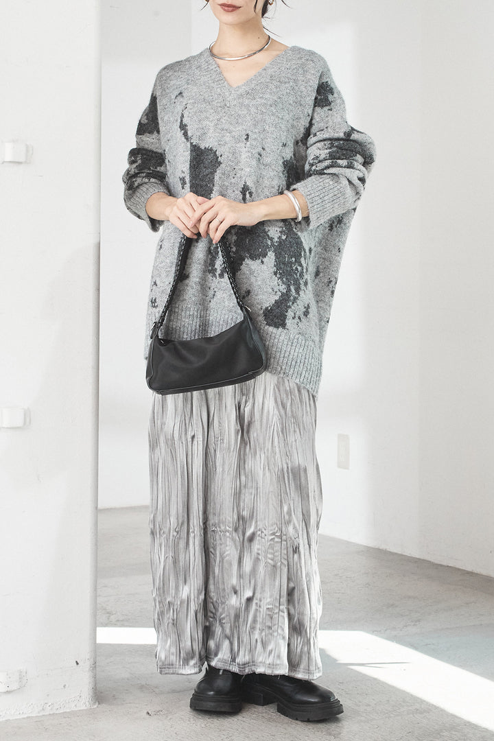 [SET]アブストラクト柄ニットプルオーバー+ベロアロングプリーツスカート(2set)