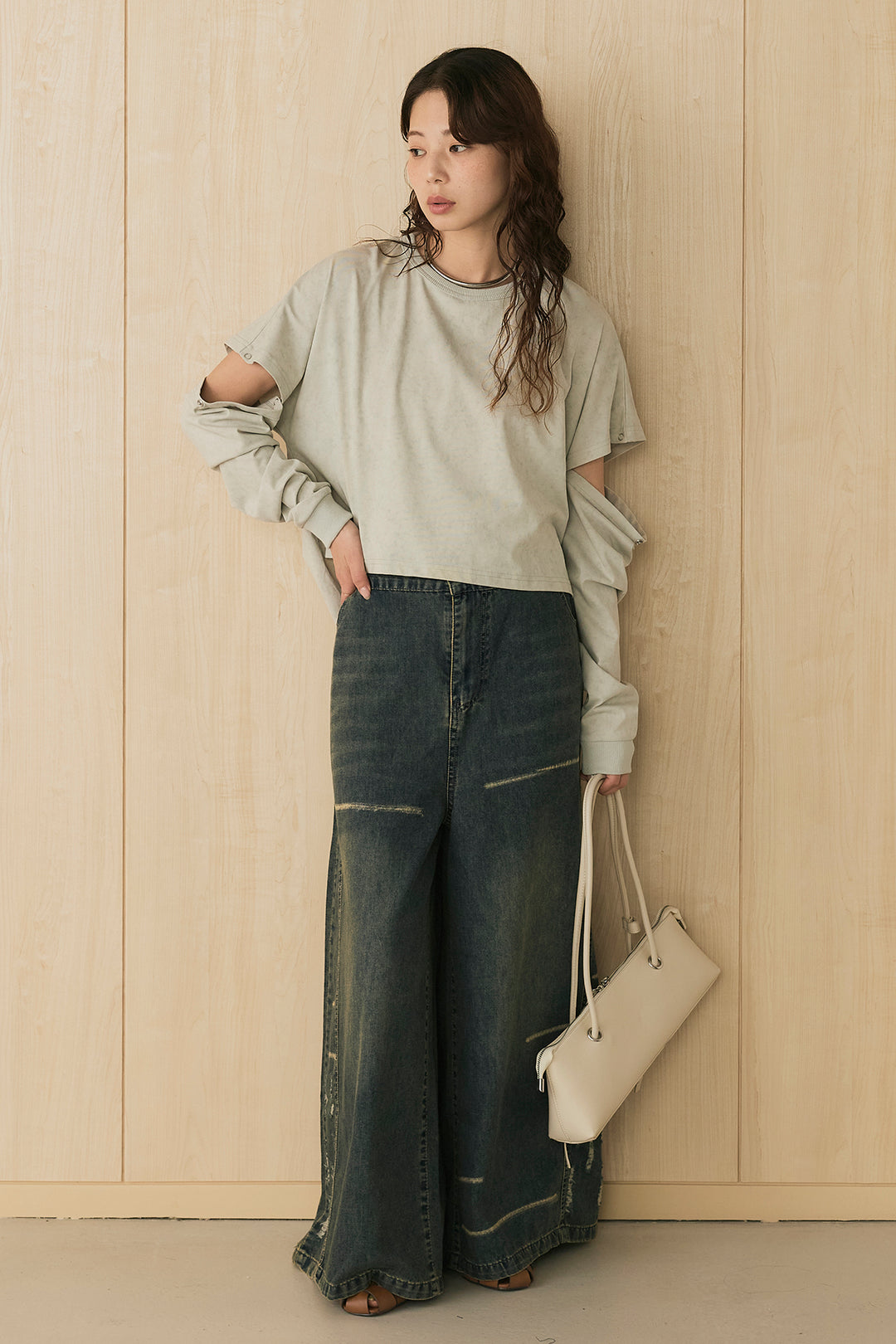 [SET]セパレートフェードTシャツ+ランダムダメージデニムワイドパンツ(2set)