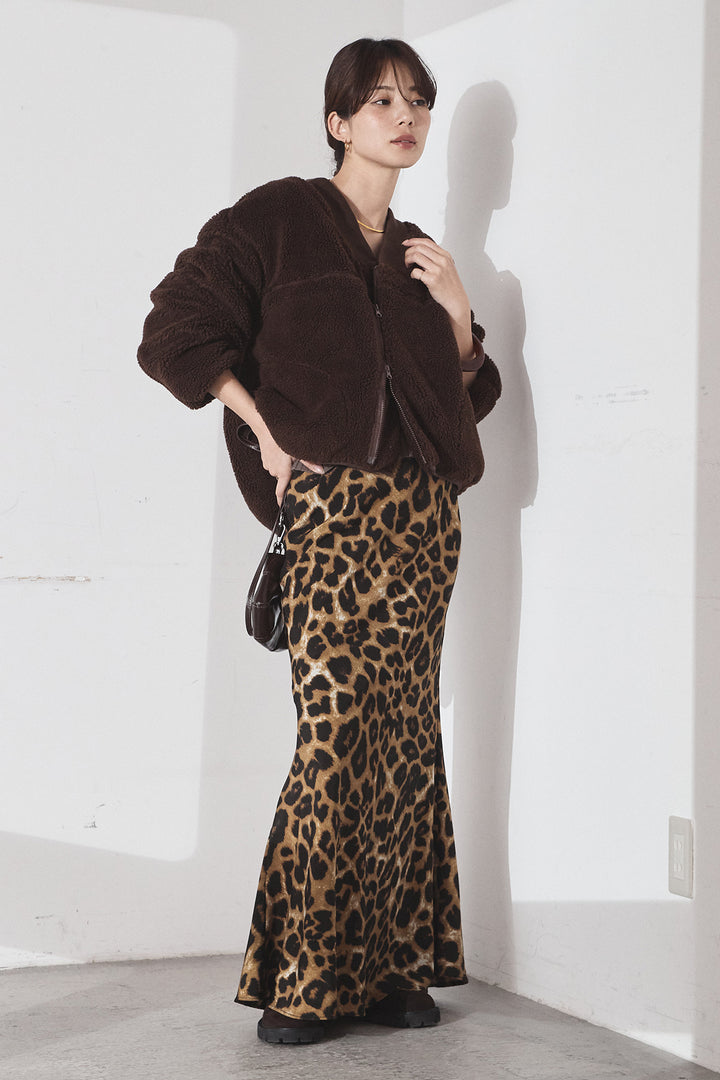 [SET]ノーカラーリブボアアウター+レオパードサテンナロースカート(2set)