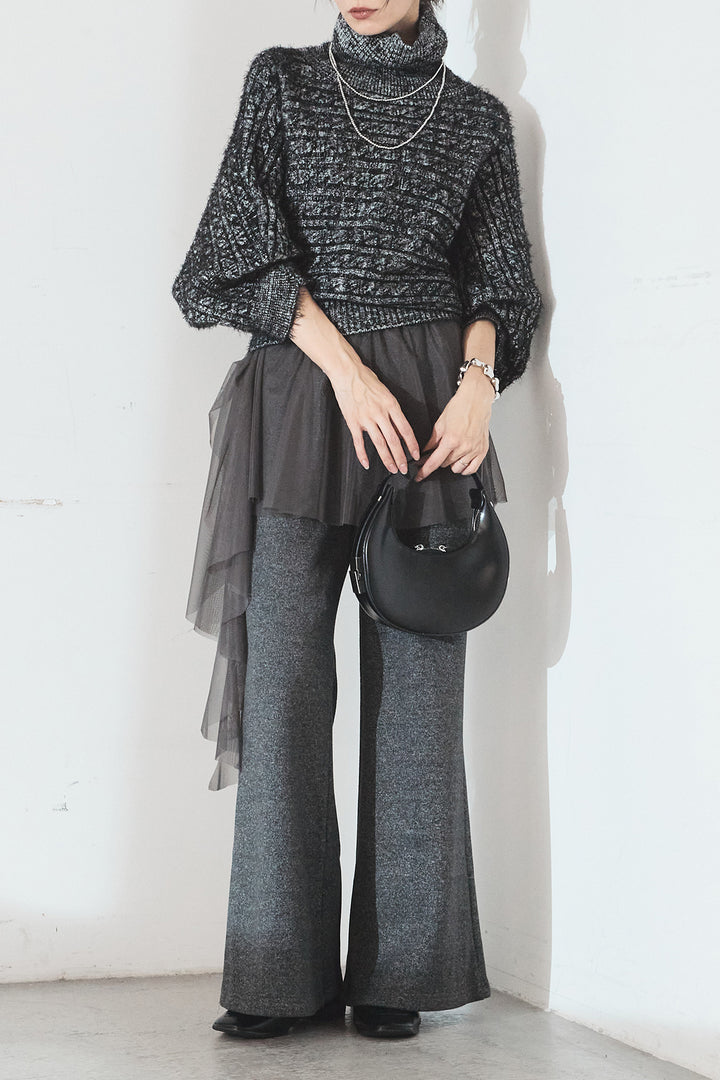 [SET]ミックス編みドルマンニットトップス+チュールレイヤードニットパンツ(2set)