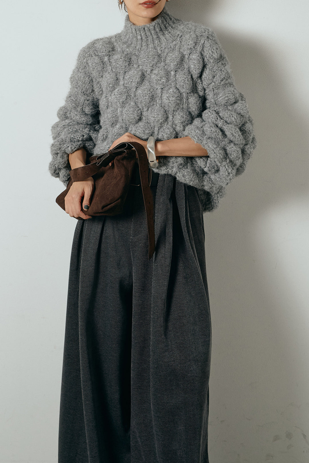 [SET]ボリュームポップコーンニットトップス+ベルトループコーデュロイワイドパンツ(2set)