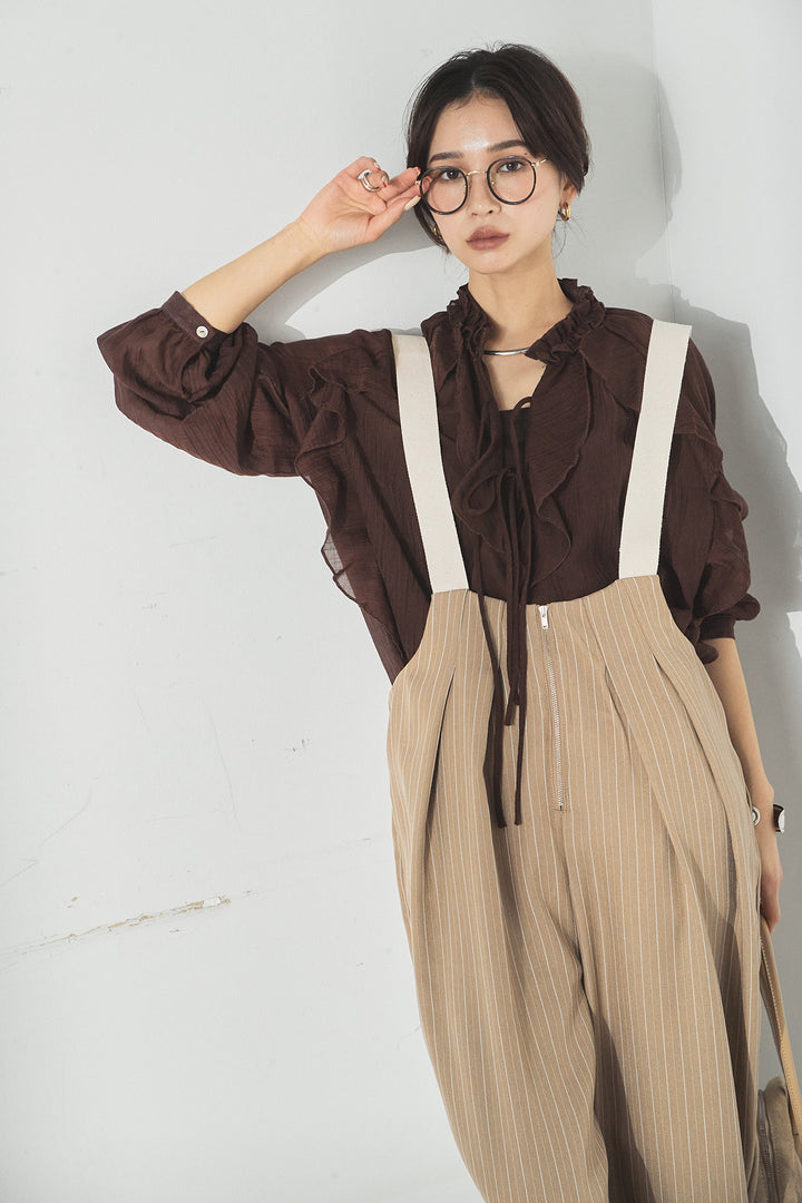 [SET]フロントリボンフリルブラウス+ピンストライプツータックサロペット(2set)