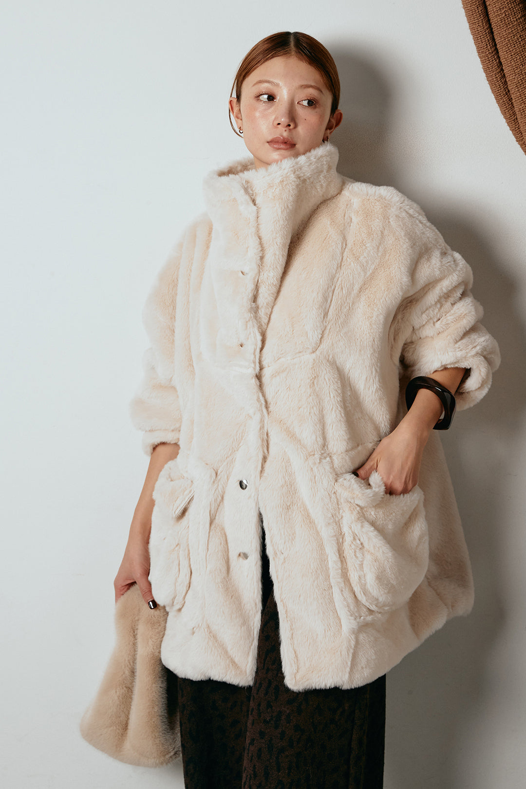 [SET]スタンドネックファーコート+レオパードジャガードニットパンツ(2set)