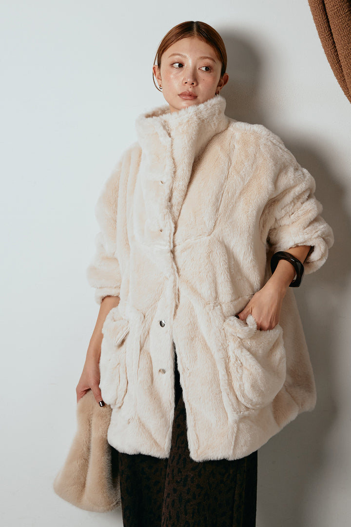 [SET]スタンドネックファーコート+レオパードジャガードニットパンツ(2set)