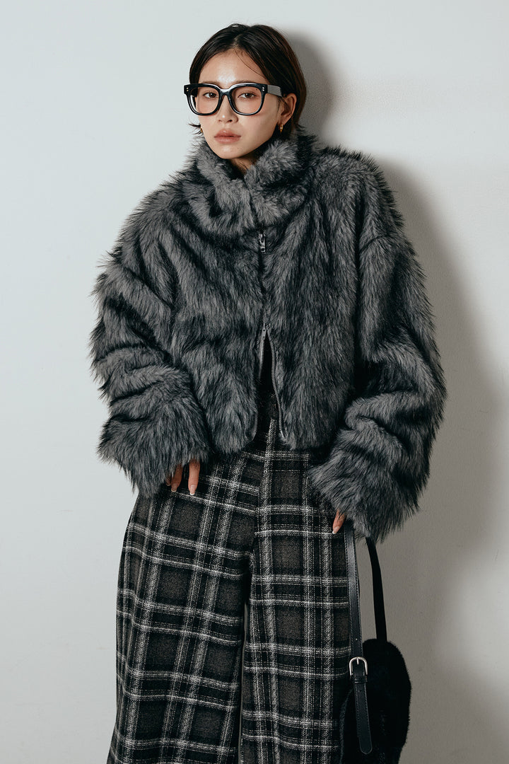 [SET]エコファーショート丈ブルゾン+ルーズタータンチェックワイドパンツ(2set)