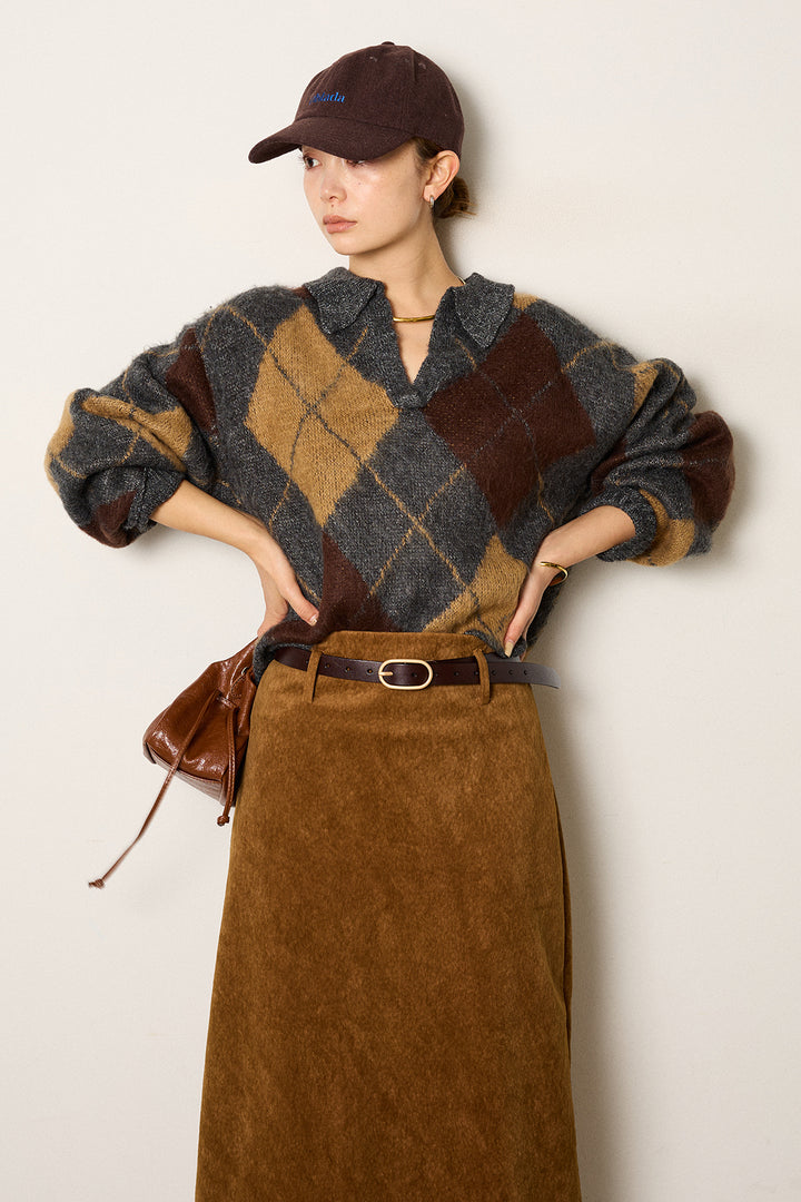 [SET]アクリルモヘアアーガイルキーネックプルオーバー+ロープベルト付きスウェード調スカート(2set)