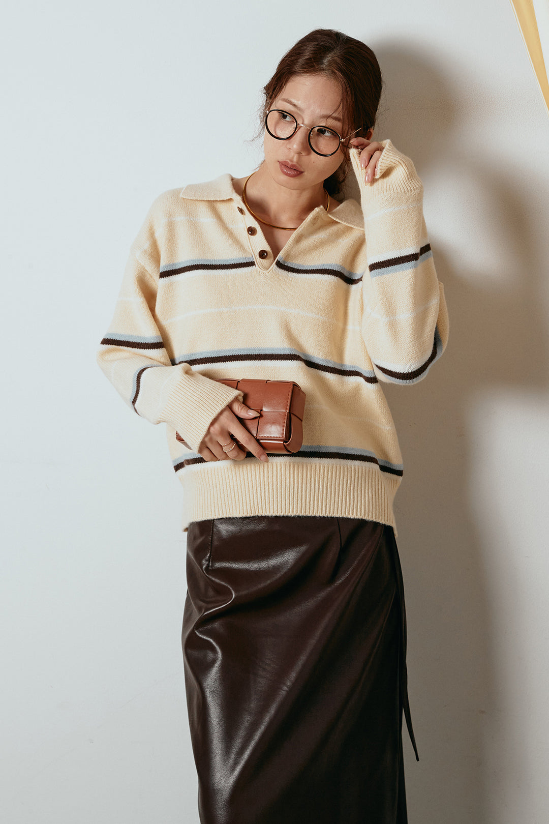 [SET]襟付きマルチボーダーニットポロトップス+紐付きフェイクレザーワイドスカート(2set)