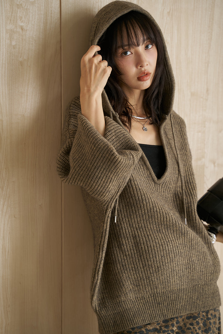 [SET]アルパカタッチフードトップス+カットレオパード柄ロングスカート(2set)