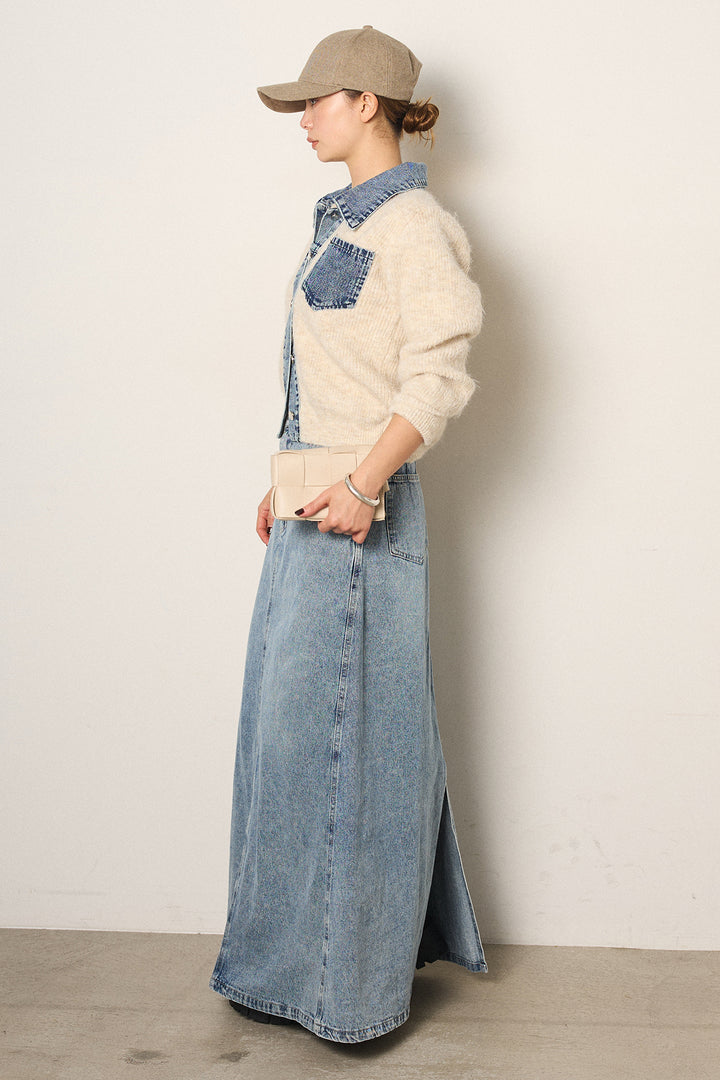 [SET]襟付きデニム切替ニットカーディガン+デニムロングフレアスカート(2set)