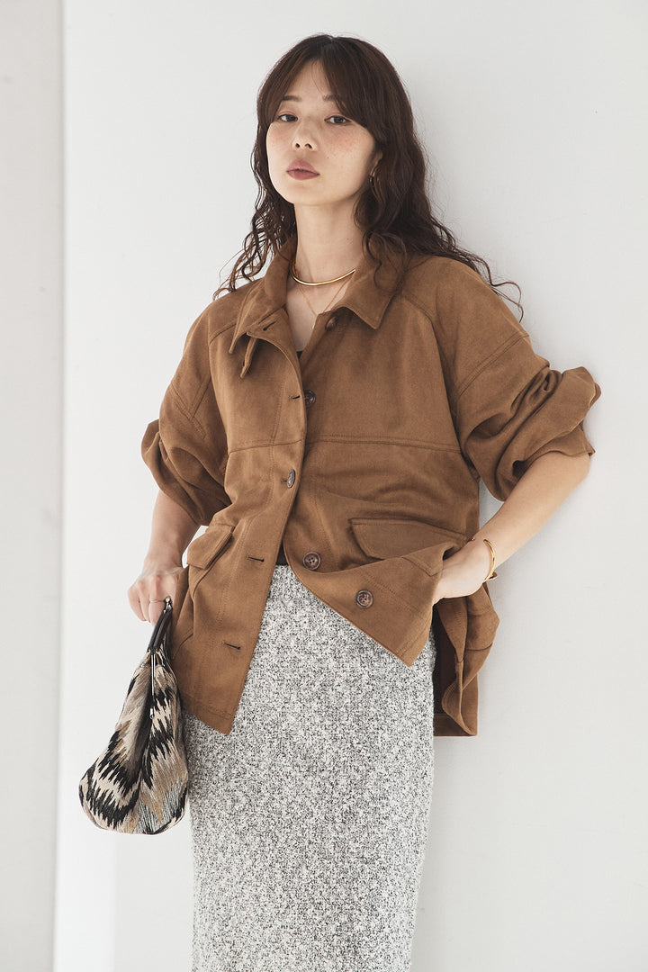 [SET]デカポケスエポンジャケット+ツイード風MIXスラブスカート(2set)