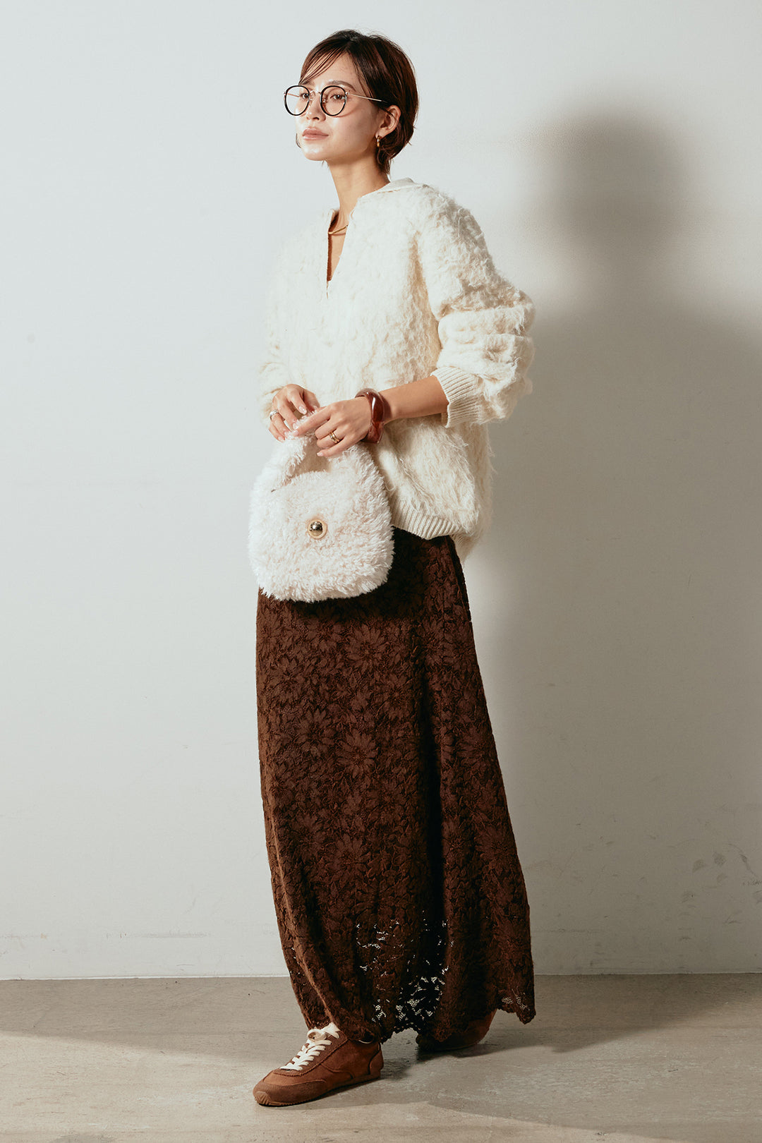 [SET]襟付きシャギーニットポロトップス+花柄刺繍ベロアフレアスカート(2set)