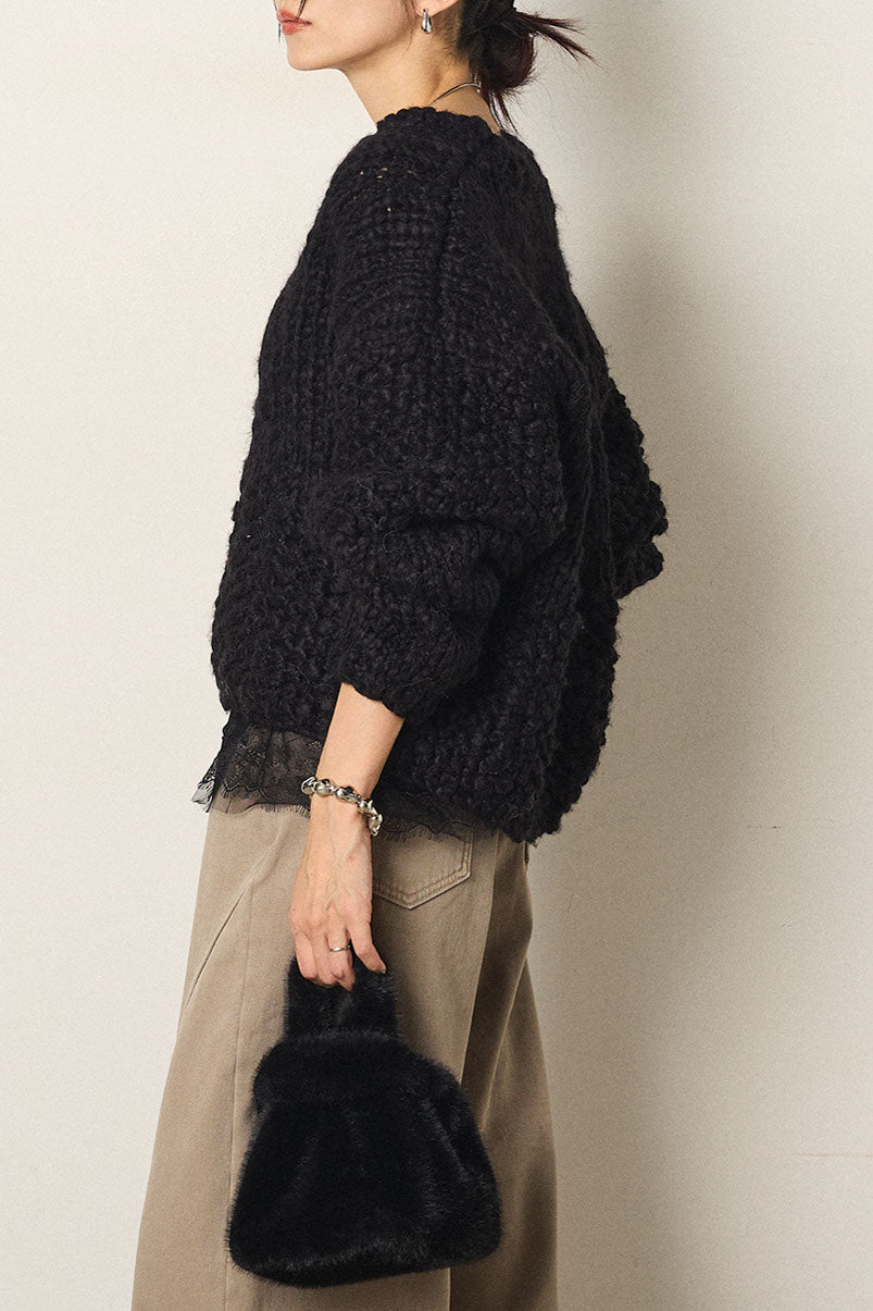 [SET]Vネックハンド編みニットトップス+レース切り替えキャミソール(2set)