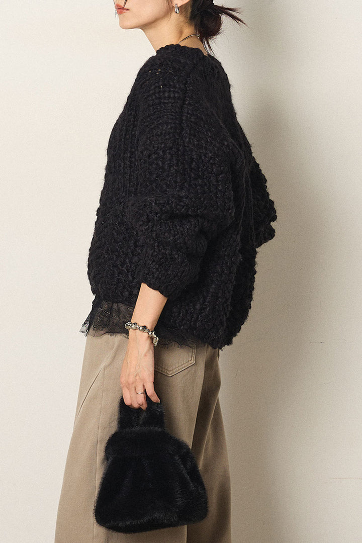 [SET]Vネックハンド編みニットトップス+レース切り替えキャミソール(2set)