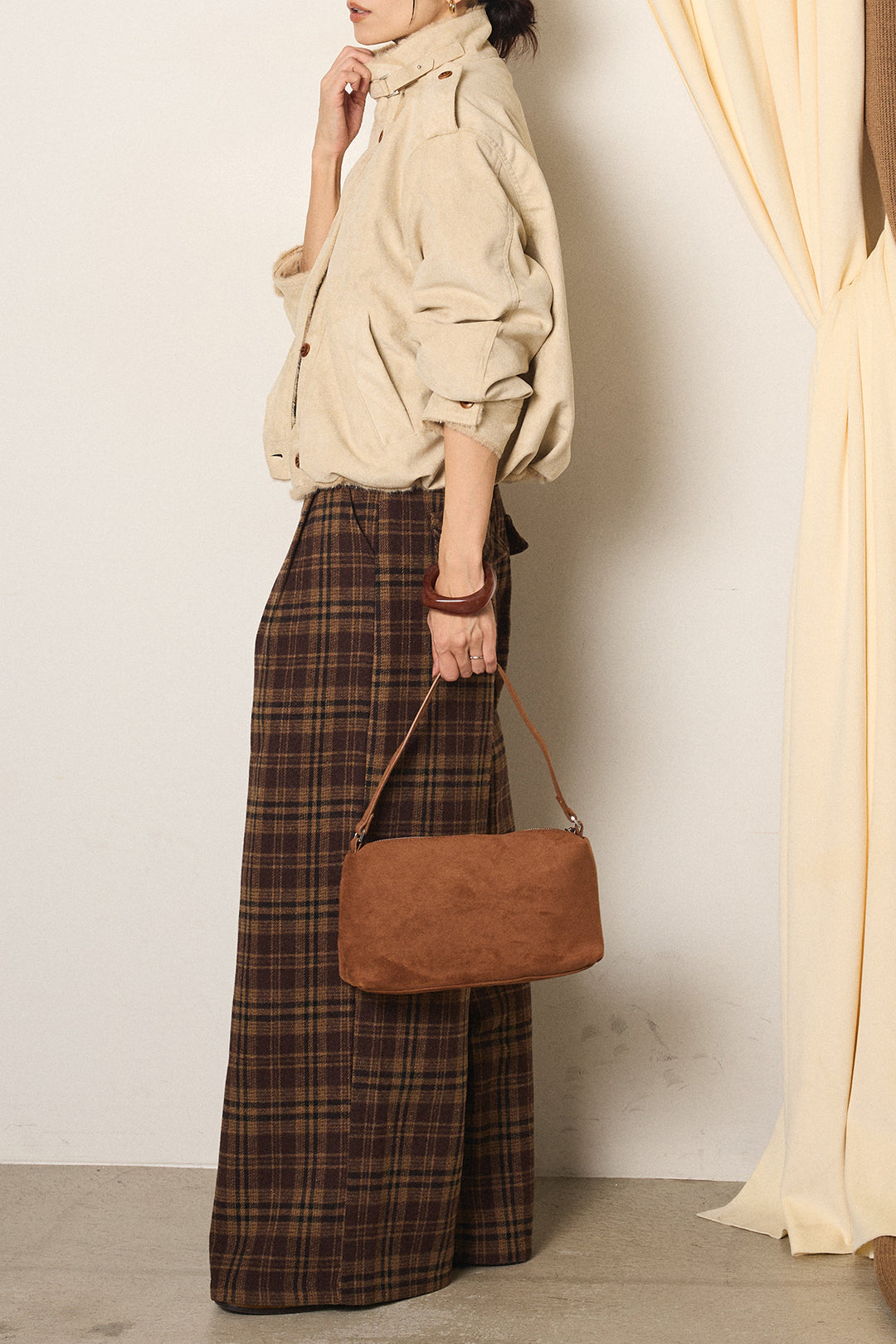 [SET]スタンド襟スウェードライクアウター+スタッズデザインベルトタータンチェックパンツ(2set)