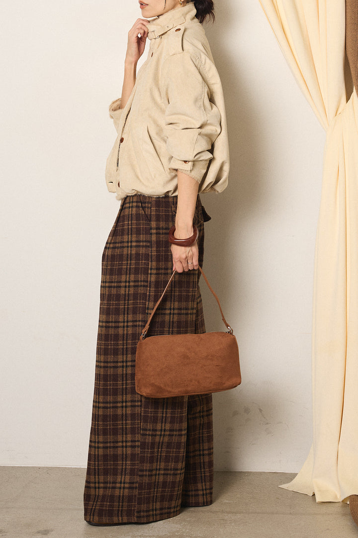 [SET]スタンド襟スウェードライクアウター+スタッズデザインベルトタータンチェックパンツ(2set)