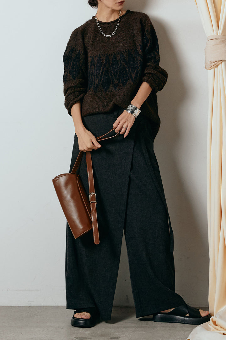 [SET]モノトーン柄ニットトップス+ラップ巻きワイドスラックス(2set)