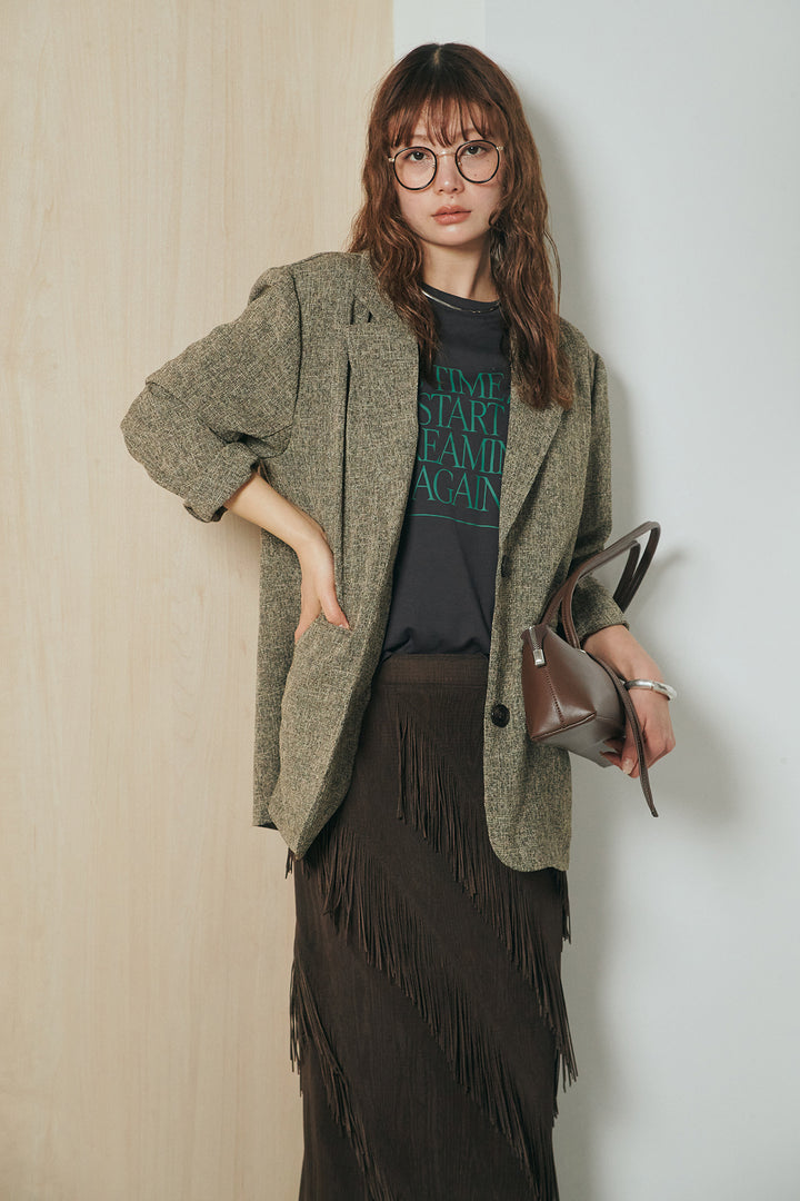 [SET]ミックスツイードベルト付きジャケット+斜めフリンジデザインスカート(2set)
