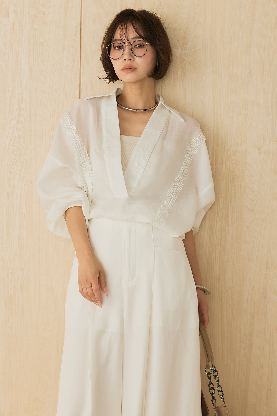 [SET]テンセルラミーハシゴレースシャツ+麻混サイドデザインハイウエストパンツ(2set)
