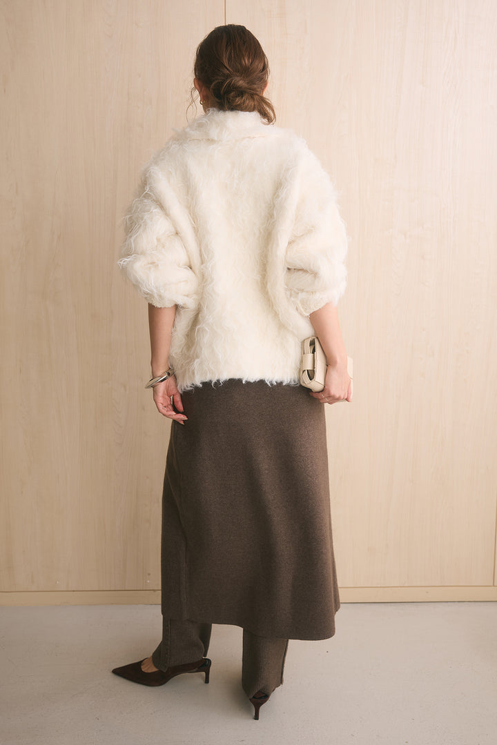 [SET]襟付きロングシャギーニットカーディガン+ウール混リブセミフレアパンツ+ウール混スカート(3set)