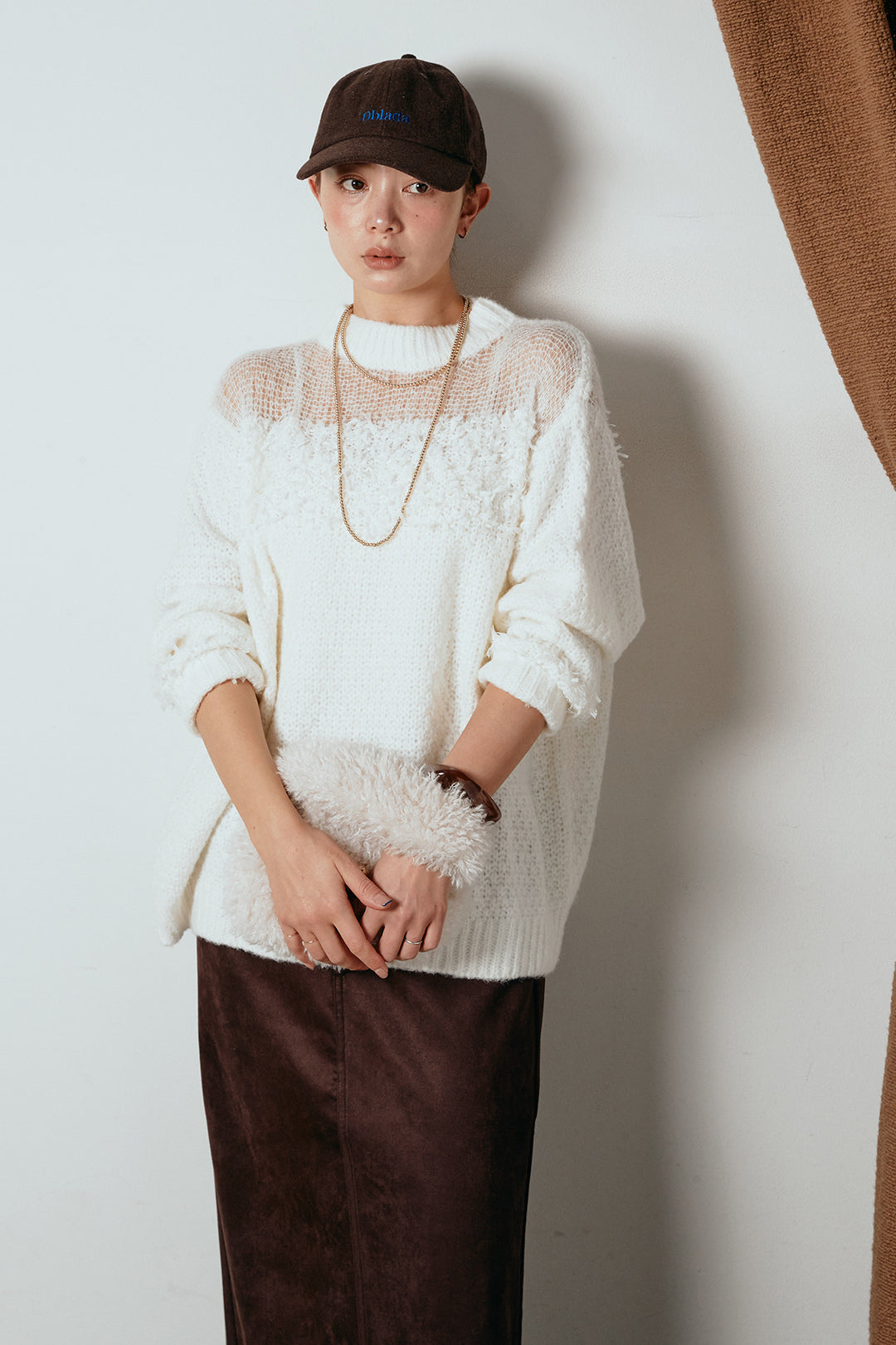 [SET]パターンランダム編みニットトップス+スウェードライク裾フリンジスカート(2set)